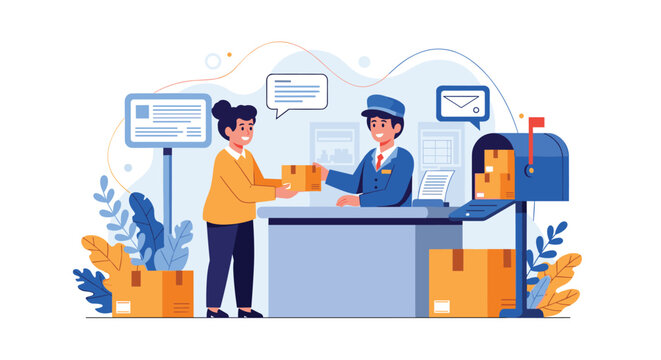 Young female customer receiving secure package delivery from friendly postal service clerk at mail sorting counter.