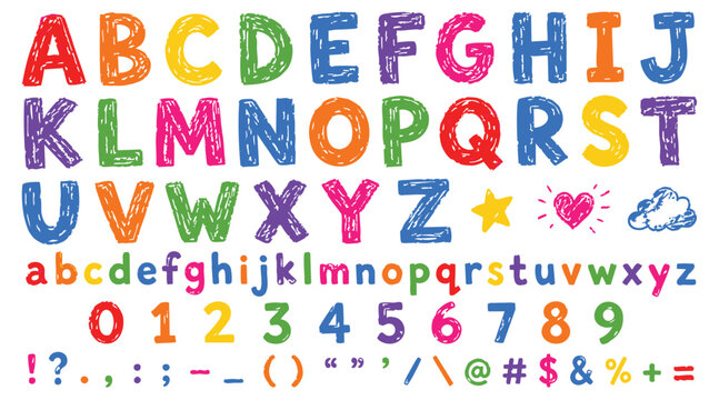 Colorful hand drawn alphabet letters and numbers set Vector