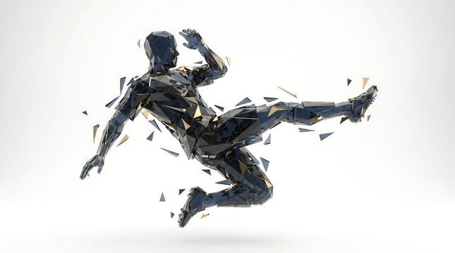 Low poly metallic soccer player performing a dynamic kick motion with sharp geometric shards flying in a clean white studio space