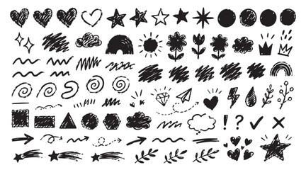 Fototapeta premium Hand-drawn doodle elements set, sketchy black ink icons and graphic shapes, artistic vector scribbles for creative design projects and bullet journals vector