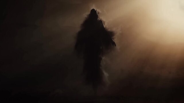 Mysterious dark figure emerging in dramatic light in atmospheric environment scene