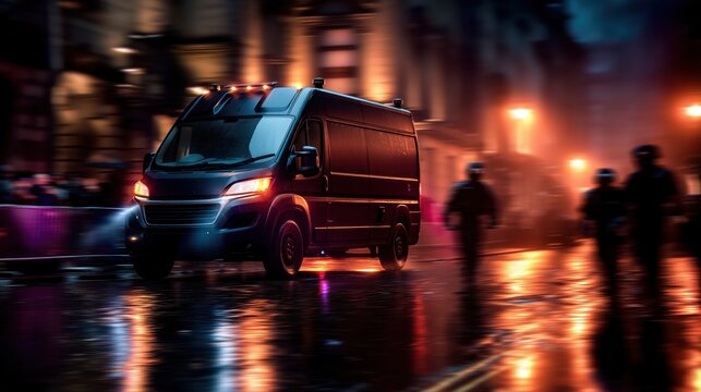 Armored security van driving through city at night. AI-generated.