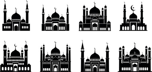 Islamic Mosque Silhouette Vector Icon Set Featuring Traditional Arab Architecture Domes and Minarets for Ramadan Kareem, Eid Mubarak, and Mubarak Cultural Graphic Designs © Siddika