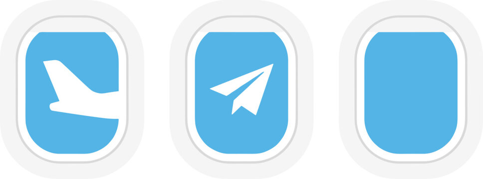 Airplane window icon set with blue sky view paper plane and aircraft tail fin travel aviation vector elements