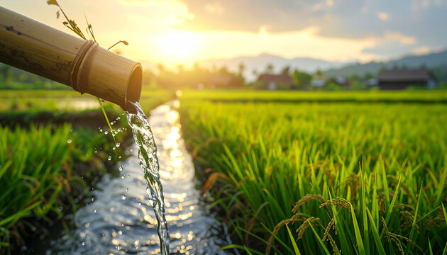 Water flowing through green rice fields under sunset sunlight