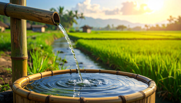 Water flowing into a bamboo basin against a backdrop of green fields