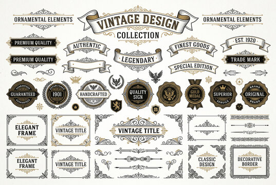 Antique Victorian style decorative flourishes, dividers, and emblems template