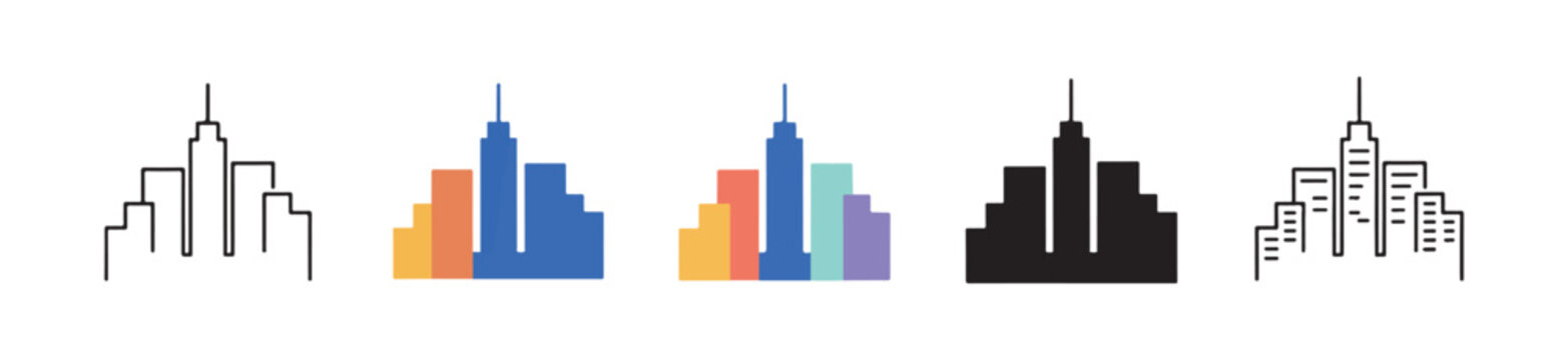 Abstract city skyline landscape logo icons in various graphic styles featuring modern skyscrapers and towers.