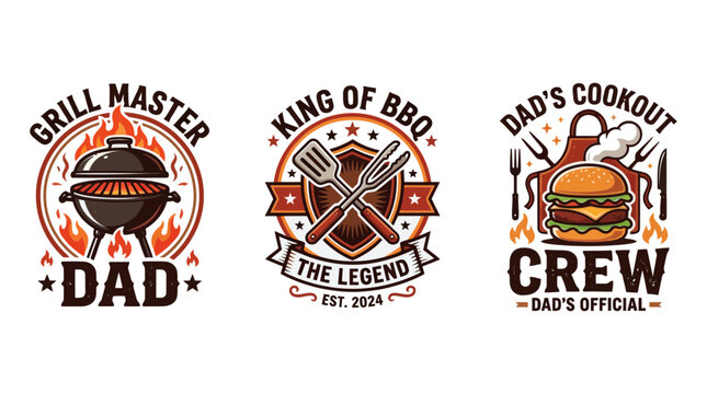 A colorful illustration of three BBQ-themed logos featuring a grill, utensils, and food on a Svg file