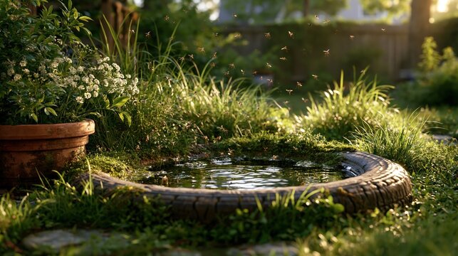 National Mosquito Control Awareness Week: a backyard with stagnant water in an old tire and flowerpot, mosquitoes hovering above the surface, overgrown grass