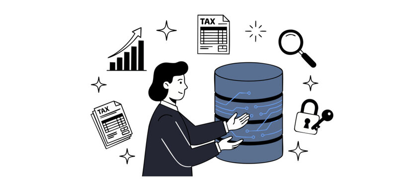 Financial database management tax audit businesswoman analyzing secure server data and accounting documents for business growth, analytics, optimization, security, and digital compliance illustration