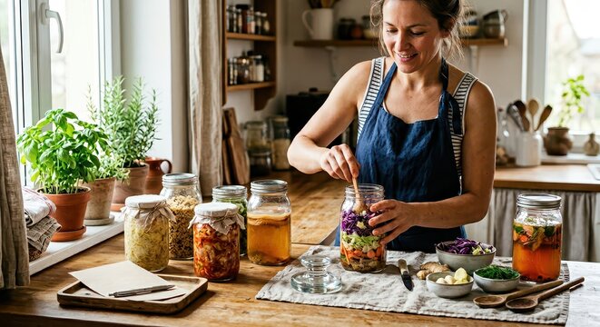 A woman preparing a healthy salad jar in a cozy kitchen surrounded by jars of fermented foods and fresh herbs by the window.