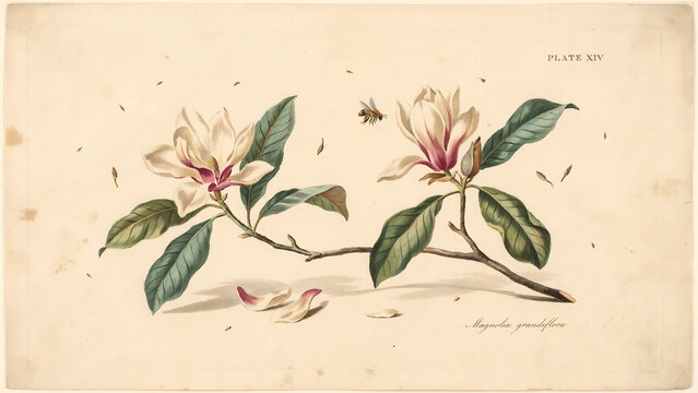 Vintage botanical of magnolia flowers with a bee isolated on a transparent background