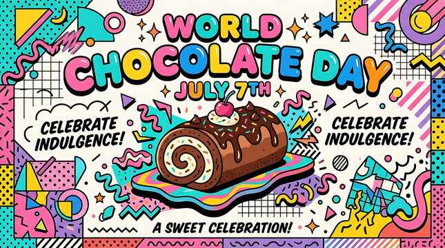 Colorful world chocolate day celebration banner with chocolate swiss roll chocolate celebration colorful confectionery illustration geometric indulgence abstract celebrate