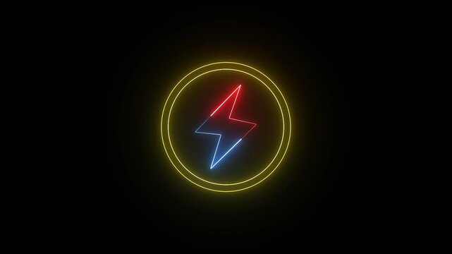 neon power icon animation on black background, neon charging loop animation