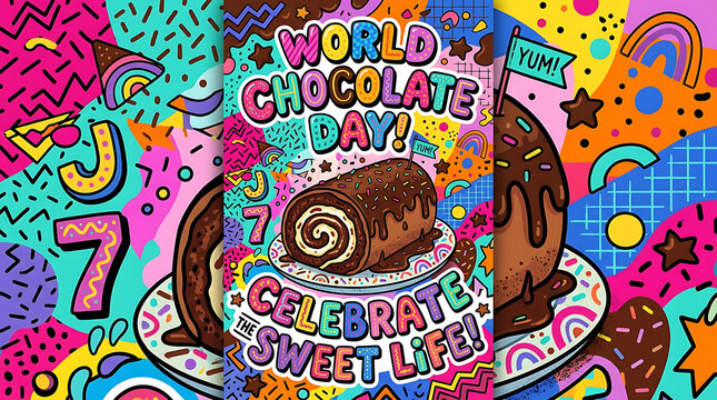 Vertical colorful poster for world chocolate day with swiss roll chocolate celebration colorful confectionery illustration geometric indulgence vertical sprinkles abstract