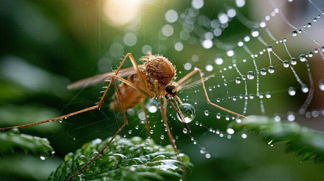 National Mosquito Control Awareness Week:a mosquito trapped in a spider web with morning dew, soft bokeh green garden background  