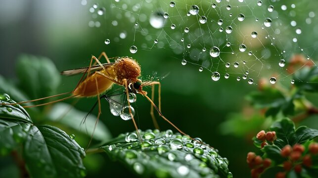 National Mosquito Control Awareness Week:a mosquito trapped in a spider web with morning dew, soft bokeh green garden background  