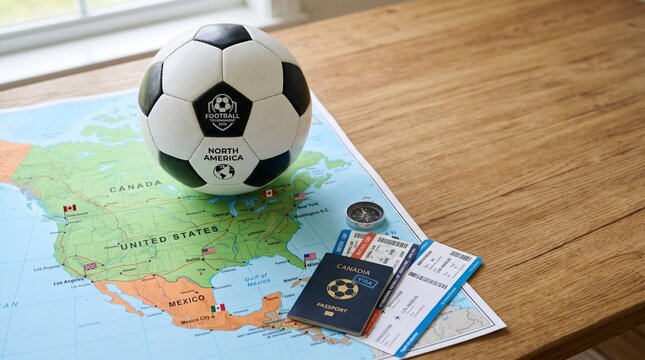 Bola de futebol, mapa continente americano, copa do mundo, passaporte