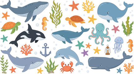 Cute cartoon sea animals and marine life pattern set with whales dolphin octopus turtle jellyfish crab and seaweed for children design © Hanifer