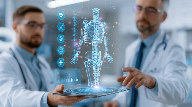 Medical professionals examine a full holographic human skeleton displayed on a cutting-edge digital tablet.