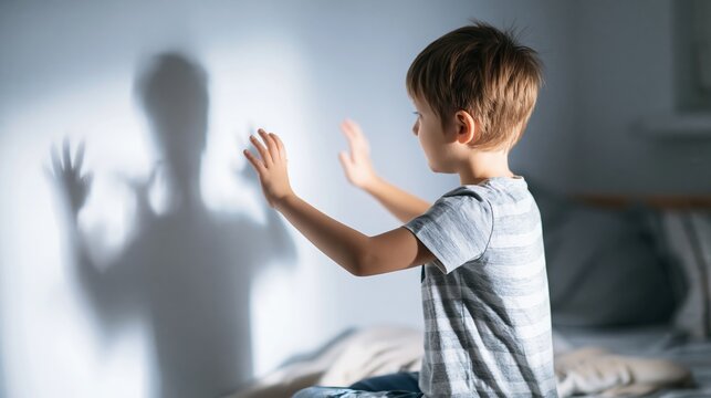 Child playing shadow puppets on bedroom wall, hands casting shapes, exploring imagination during cozy indoor playtime