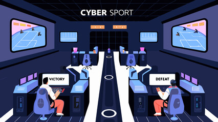 Cyber sport illustration depicting a competitive gaming arena with players and screens vibrant colors © PRODIP