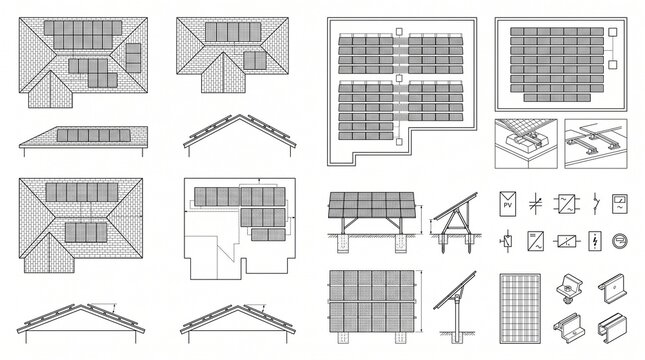 Solar Panel Installation Collection Plan Elevation View Architectural Engineering CAD Renewable Energy Photovoltaic Systems Vector Set