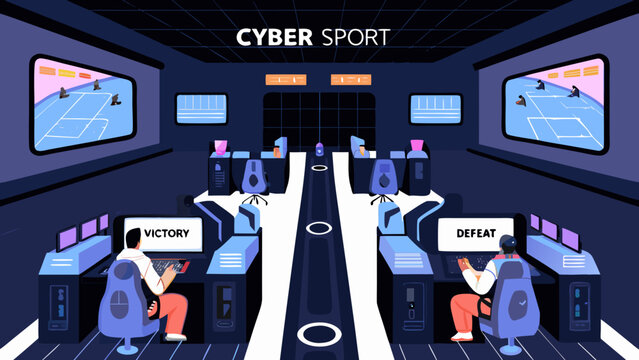 Cyber sport illustration depicting a competitive gaming arena with players and screens vibrant colors