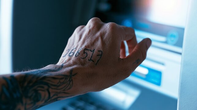 Identifying with a PIN code written on hand, personal security risk at an ATM machine, financial fraud concept