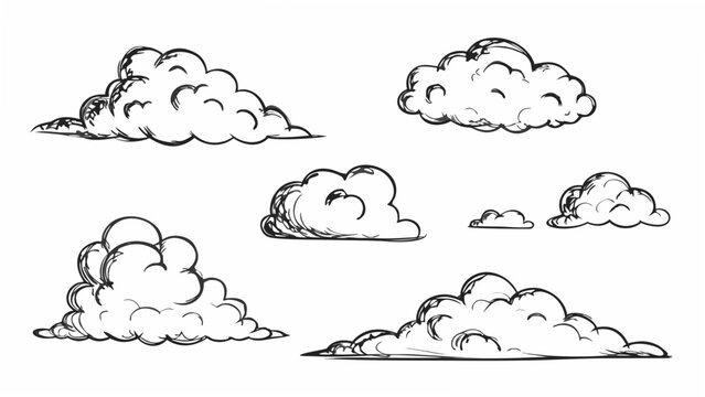 Seven cloud formations depicted as a black ink vector illustration on a white background