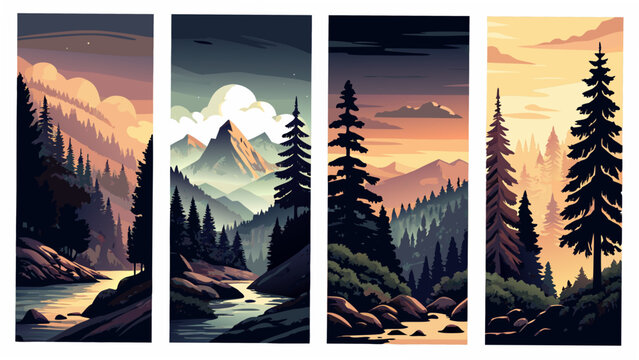 Scenic Mountain Landscapes In Four Vertical Panels Vector Illustration With Gradient Skies alpine