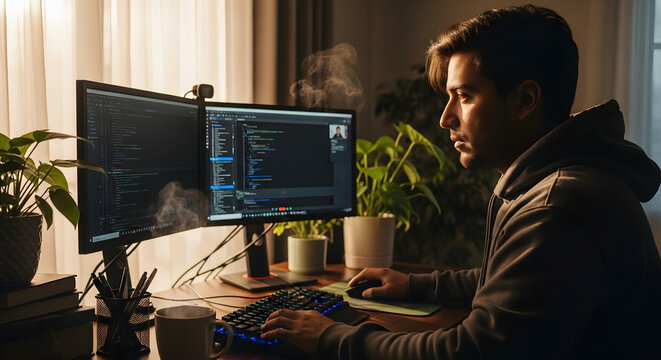Young man working on computer coding late at night with steam from mug.