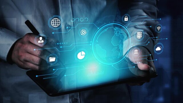 Businessman using digital tablet with futuristic holographic interface showcasing global technology and data information concepts in modern workspace. Entropy.