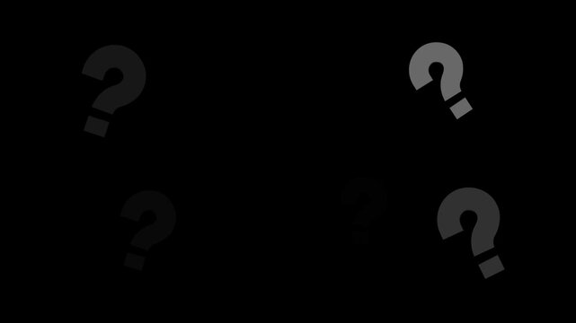 White question marks falling hand down, problem sign icon and question mark icon flying on black screen background. white animated question marks, question mark popping up animation. 4k