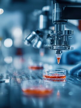 Robotic arm pipetting red liquid sample into petri dish inside modern laboratory automated scientific biotechnology analysis process chemistry engineering pharmaceutical equipment wallpaper