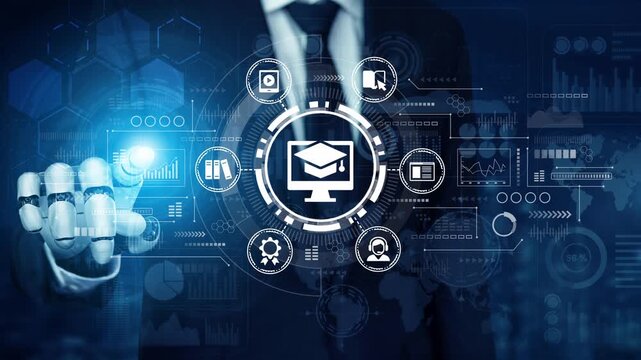Digital Transformation in Education with Technology Interface Visualized by Businessman in Suit Touching Virtual Screen. Entropy.
