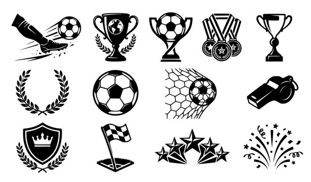 Soccer championship rewards vector set featuring trophies medals laurel wreaths player kick goal net whistle shield corner flag stars and celebratory fireworks silhouettes.
