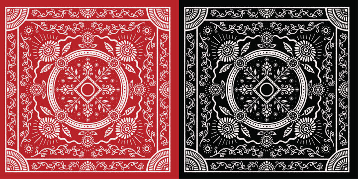 Detailed symmetrical white floral and geometric pattern on a vibrant red background, resembling a traditional bandana or textile design.