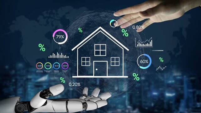 Futuristic interaction between human and robot in real estate market analysis with data visualizations and digital elements in urban background. Entropy.