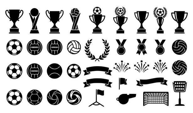 Comprehensive Football Soccer Championship Trophy Silhouette Icon Set with Medals Stadium Lights Whistle Laurel Wreath Ribbon Banners and Multi Sport Ball Graphics