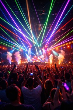 Vibrant concert with colorful lasers.