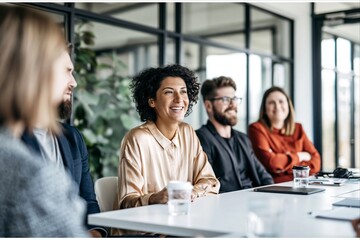 Obraz premium Diverse Team Members Engaged in Productive Business Meeting at Modern Office
