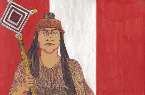 Man from ancient Caral civilization with Peruvian flag. Conceptual history art illustration.