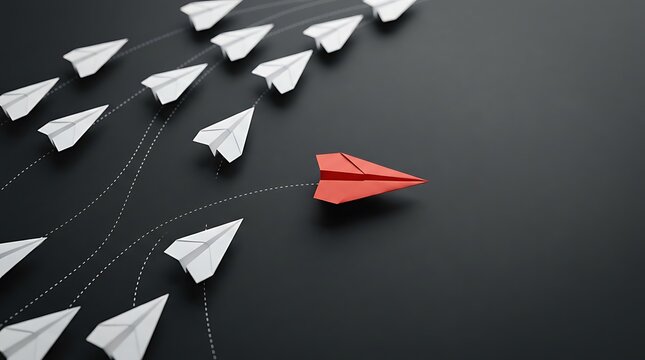 Bold red paper airplane deviating from the path of numerous white planes, symbolizing leadership, innovation, and a unique approach to success.