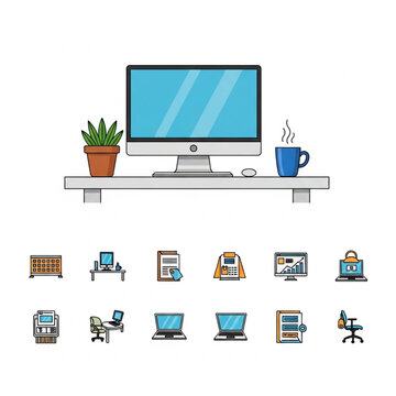 Modern home office setup with laptop and coffee cup.