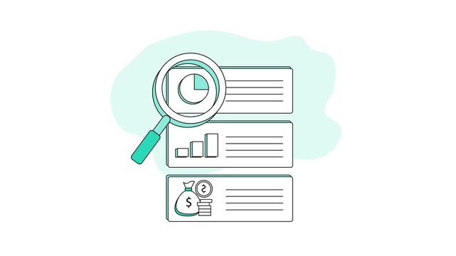 income management, 4K magnifying glass animation for compiling and reporting budget calculation strategies with calculator and graphs.