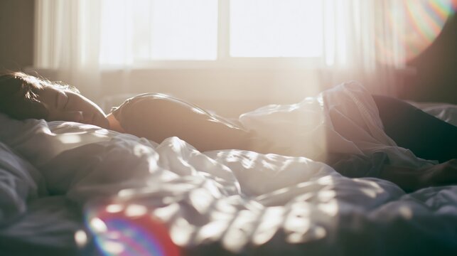 Woman resting on bed in morning sunlight, striped shadows across bedding, calm awakening and tranquil atmosphere