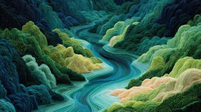 Winding river through stylized forest