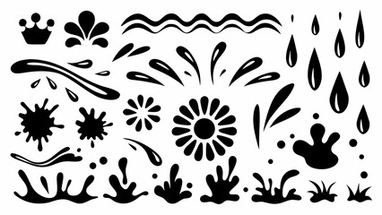 Black Liquid Splashes And Droplets Silhouette Collection On A White Background abstract shapes acrylic paint © Sujit